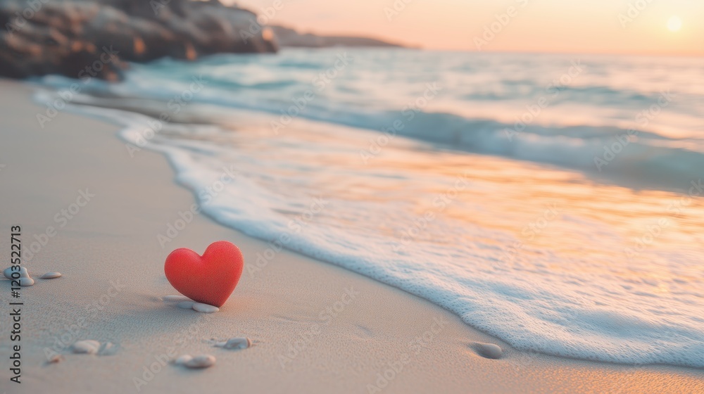 Heart-shaped object rests on sandy beach as gentle waves caress the shore during sunset Heart-shaped object rests on sandy beach as gentle waves caress the shore during sunset