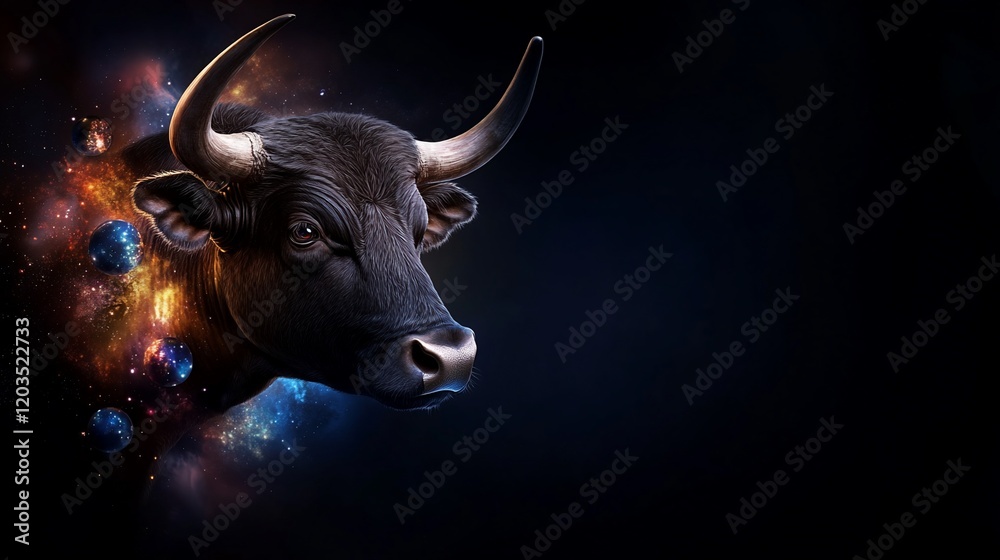 Naklejka premium Cosmic Bull with Galactic Spheres Surrounding its Head Against a Dark Background