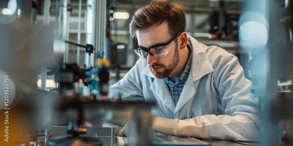 Focused caucasian scientist working with advanced tools in a laboratory perfect for technology science and research visuals Focused caucasian scientist working with advanced tools in a laboratory perfect for technology science and research visuals
