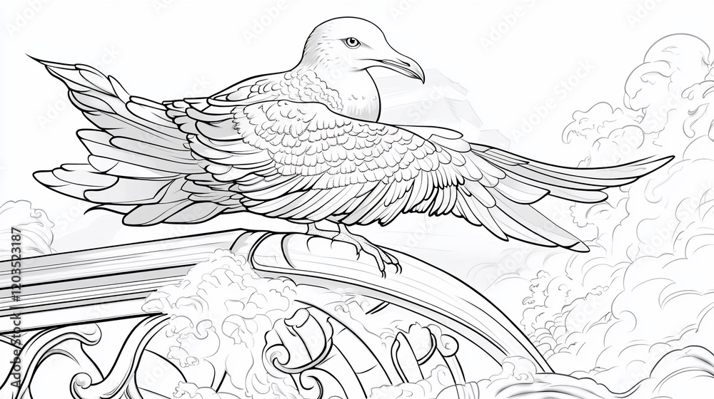 Fototapeta premium Detailed line drawing of a seagull perched on a decorative ledge with clouds in the background