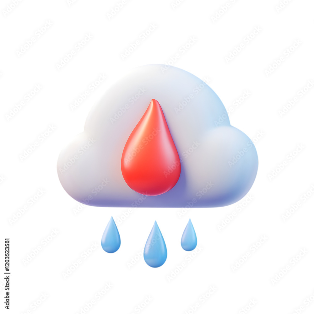 3D Cloud Icon with Red Drop and Blue Raindrops
3D Cloud Icon with Red Drop and Blue Raindrops
