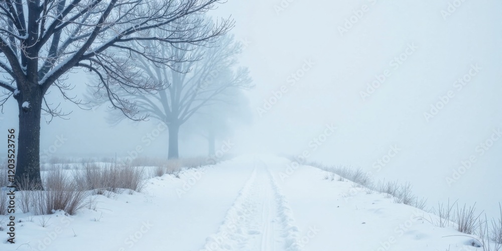 Serene Winter Path Through Foggy Landscape, Snow Covered Trees and Pathway Serene Winter Path Through Foggy Landscape, Snow Covered Trees and Pathway