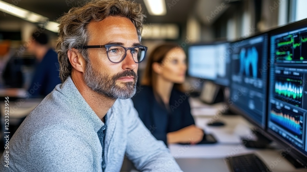 A man with glasses is looking at a computer monitor. He is wearing a gray shirt and a black jacket. There are two other people in the room, one of whom is also looking at a computer monitor A man with glasses is looking at a computer monitor. He is wearing a gray shirt and a black jacket. There are two other people in the room, one of whom is also looking at a computer monitor