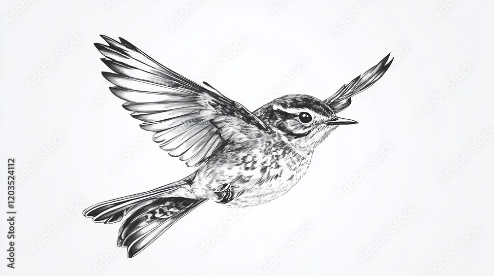 Fototapeta premium Detailed ink illustration of a flying bird with intricate feather details and clear white background