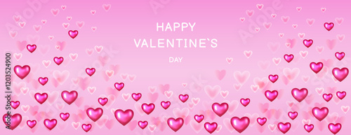 Romantic Valentine's Day background featuring shiny pink and soft transparent hearts floating on a gradient pink backdrop with the text "Happy Valentine’s Day." Ideal for festive cards, banners
