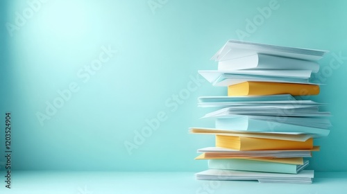 A vibrant stack of colorful documents arranged on a bright blue surface, showcasing neat organization and artistry in an abstract representation of knowledge and clarity. photo