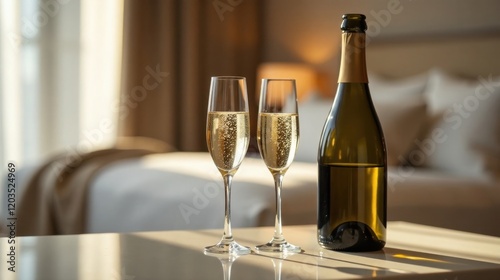 Two glasses of sparkling wine and a bottle, resting on a table in a sunlit room