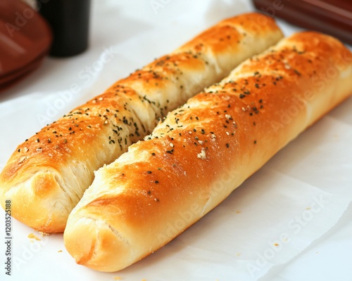 Two Golden Brown Garlic Breadsticks, Closeup Food Photography