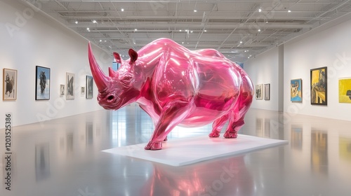 A stunning, glossy pink rhinoceros sculpture stands prominently in an art gallery, surrounded by various artworks, showcasing modern artistic exploration with wildlife themes. photo