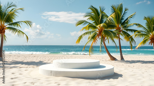 White stone podium with copy space for product display on tropical summer sand beach background. Generative AI