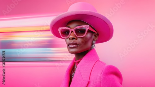 A fashionable woman wearing pink sunglasses and a matching pink hat poses confidently against a vibrant, blurred pink background, embodying modern style and creativity.