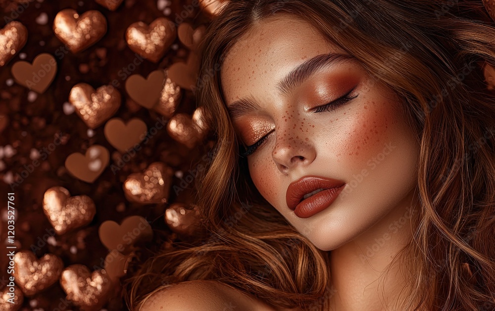 A stunning woman with glossy cinnamon lips and curled lashes, against a deep caramel heart-themed backdrop A stunning woman with glossy cinnamon lips and curled lashes, against a deep caramel heart-themed backdrop