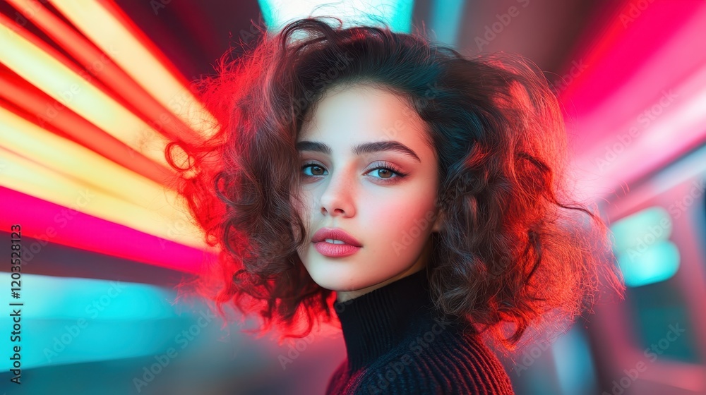 An enchanting image of a young woman with voluminous curls, expressing poise and grace amidst a striking backdrop of colorful lights, inviting viewers to admire her allure. An enchanting image of a young woman with voluminous curls, expressing poise and grace amidst a striking backdrop of colorful lights, inviting viewers to admire her allure.