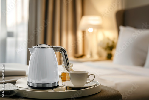 Modern electric kettle on a tray with tea-making essentials in a luxurious hotel room.