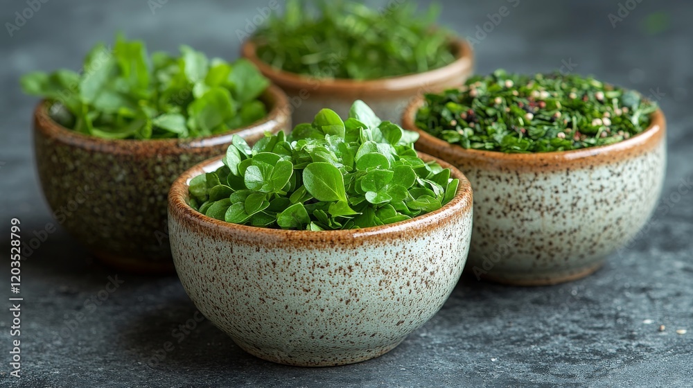 Freshly Harvested Microgreens in Rustic Bowls on a Dark Textured Surface, highlighting their Vibrant Green Color and Natural Appeal Freshly Harvested Microgreens in Rustic Bowls on a Dark Textured Surface, highlighting their Vibrant Green Color and Natural Appeal
