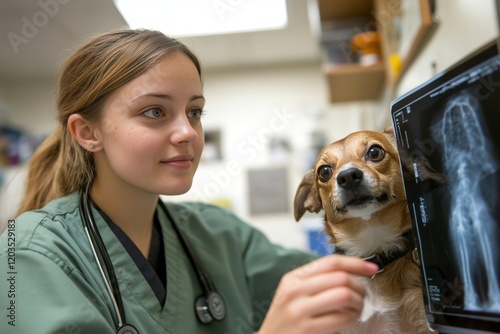 Female veterinarian analyzing canine x ray on digital tablet, providing specialized care in contemporary veterinary setting, focusing on precise medical diagnostics photo