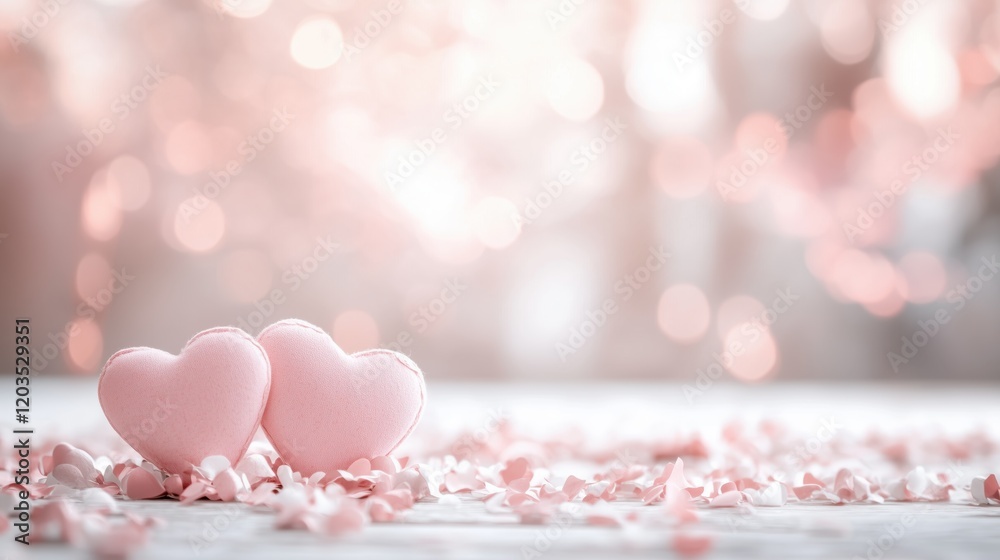 Beautiful pink heart-shaped macarons on a table surrounded by flower petals with soft lights in the background Beautiful pink heart-shaped macarons on a table surrounded by flower petals with soft lights in the background