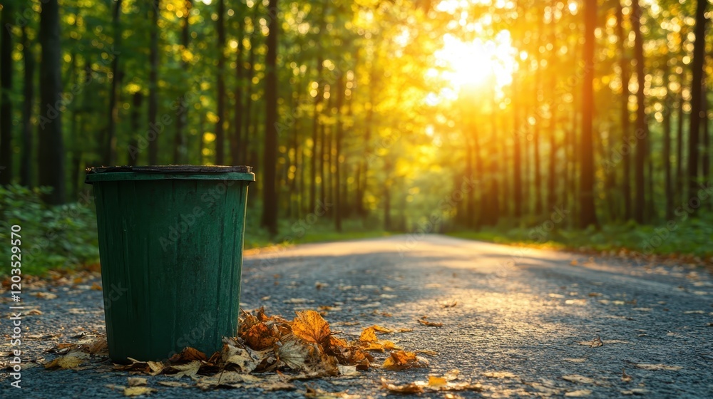A green trash can sits amidst fallen leaves on a sunlit forest road, symbolizing the blend of urban waste management and the beauty of nature during autumn. A green trash can sits amidst fallen leaves on a sunlit forest road, symbolizing the blend of urban waste management and the beauty of nature during autumn.