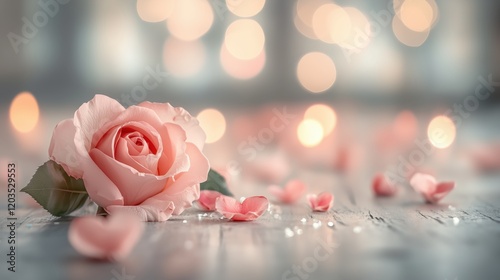 Fototapeta Naklejka Na Ścianę i Meble -  Beautiful pink rose surrounded by petals on a wooden surface with soft glowing lights in the background