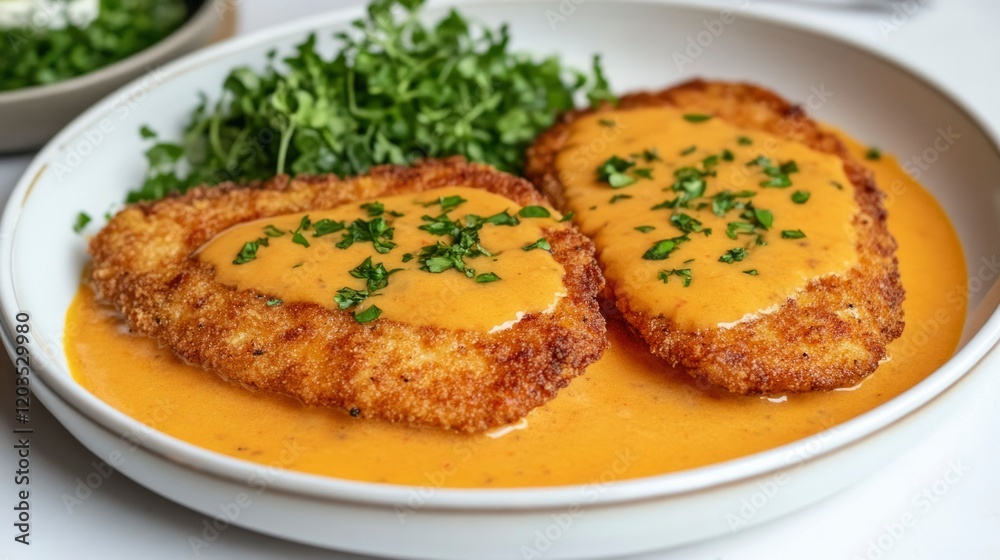 Breaded Chicken Cutlets Creamy Sauce Garnish Breaded Chicken Cutlets Creamy Sauce Garnish