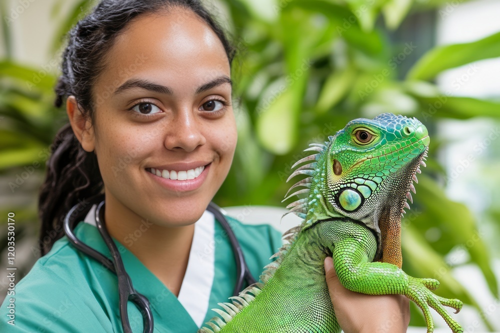 Smiling veterinary technician holding a vibrant green iguana in a well equipped veterinary clinic, demonstrating expertise in the care of exotic animals and reptiles