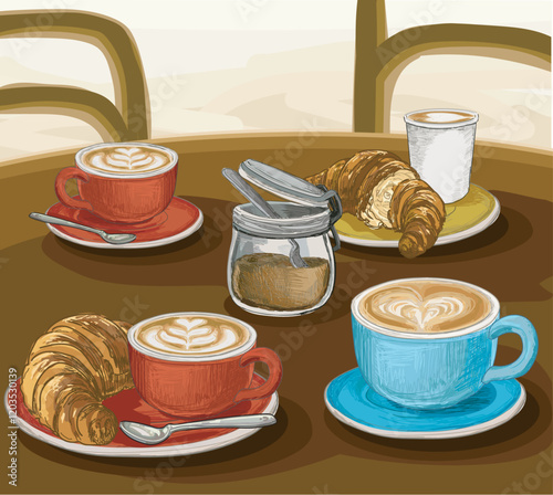 coffee cups cafe breakfast croissant european modern style on wooden table illustration side view wooden table realistic style illustration