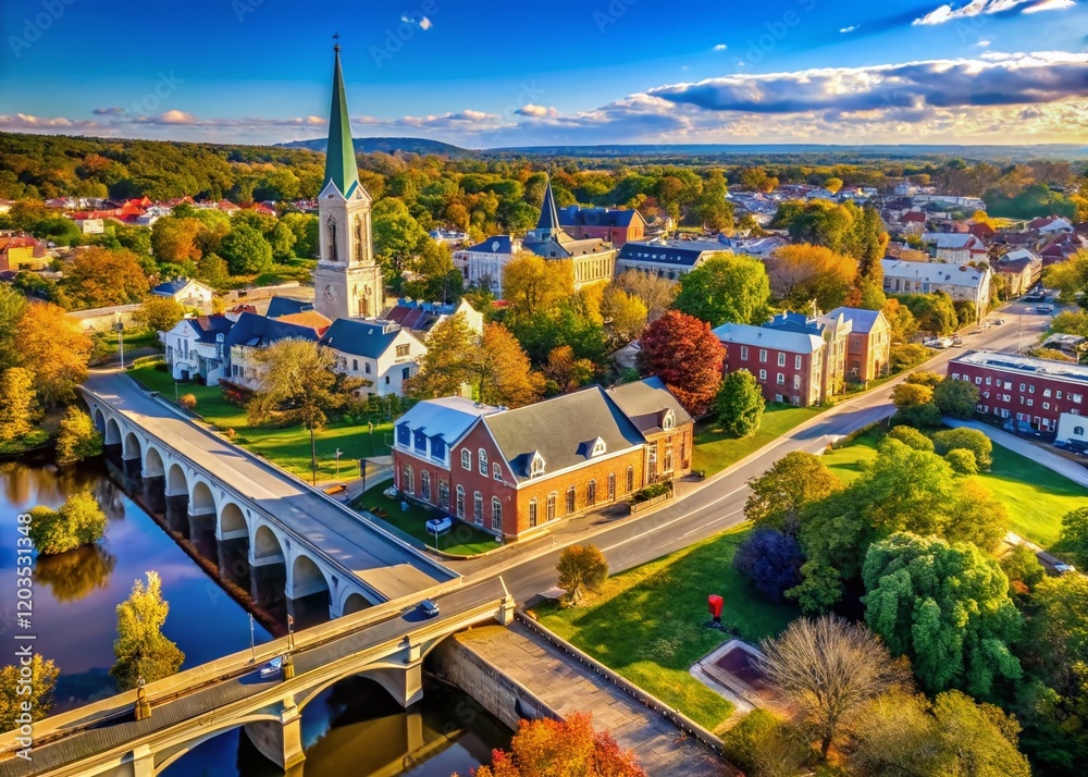 Obraz premium Aerial View of Fredericksburg, VA: Historic District, Courthouse, River & Bridge