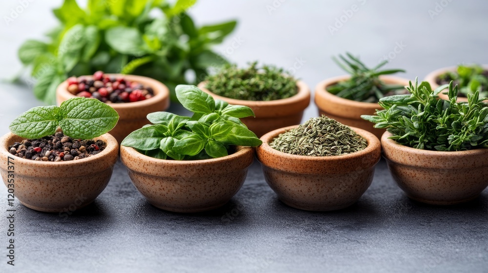 Aromatic herbs and spices in rustic bowls create a delightful culinary still life capturing fresh ingredients for cooking Aromatic herbs and spices in rustic bowls create a delightful culinary still life capturing fresh ingredients for cooking