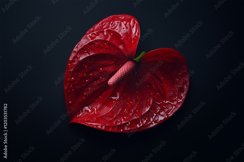 Fototapeta premium A vibrant red anthurium on a matte black background, emphasizing its glossy texture.