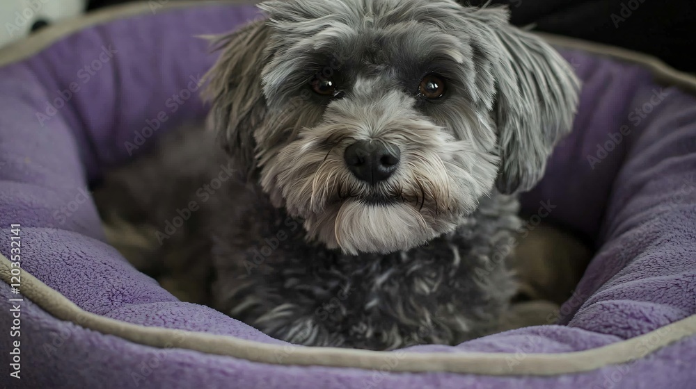Adorable Grey Dog Relaxing in Purple Pet Bed Adorable Grey Dog Relaxing in Purple Pet Bed