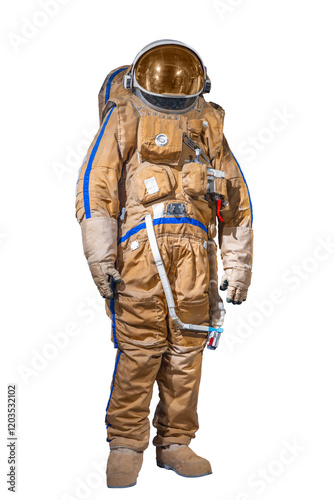 Fototapeta Naklejka Na Ścianę i Meble -  Working spacesuit against white isolated background closeup