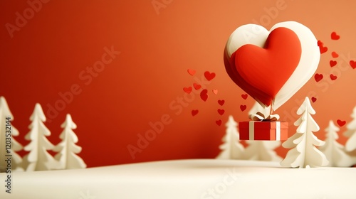Romantic red heart balloon ascends gently above a snowy landscape carrying a gift. AI Generated