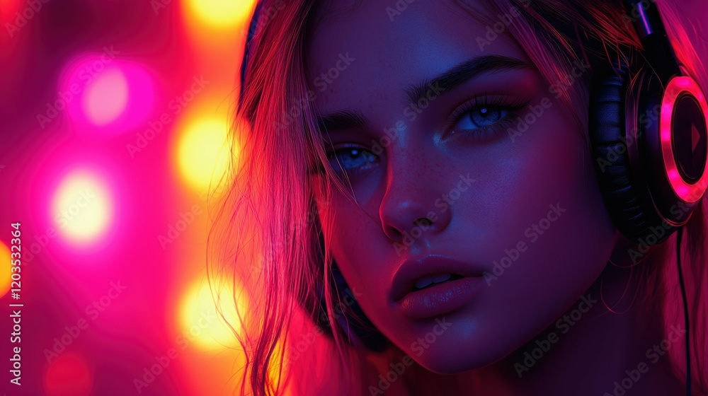A vibrant portrait of a girl with headphones, glowing colors.
A vibrant portrait of a girl with headphones, glowing colors.