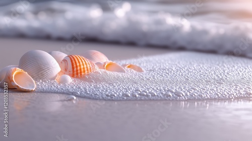 Shells resting on wet sand as gentle waves wash ashore during golden hour photo