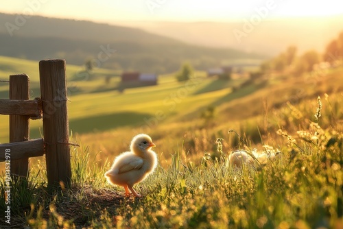 Charming yellow chick exploring a sunlit meadow at dawn with rolling hills in the background and a rustic wooden fence. Generative AI photo