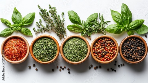 Fototapeta Naklejka Na Ścianę i Meble -  Assortment of herbs and spices in wooden bowls with fresh leaves on a white surface for culinary or cooking background