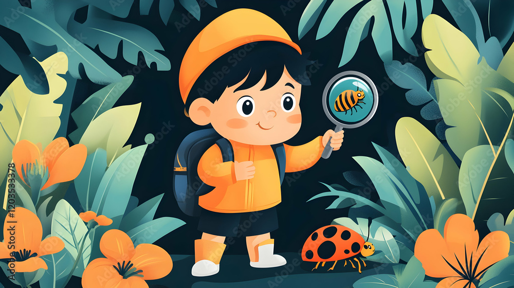 Curious boy exploring jungle, examining insect with magnifying glass, lush foliage background; educational illustration Curious boy exploring jungle, examining insect with magnifying glass, lush foliage background; educational illustration