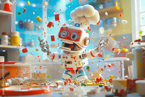 Ein ungeschickter, futuristischer Roboterkoch in einer bunten Küche versucht, einen Kuchen zu backen, während er Zutaten in alle Richtungen verschüttet. Die Szene ist chaotisch und humorvoll photo