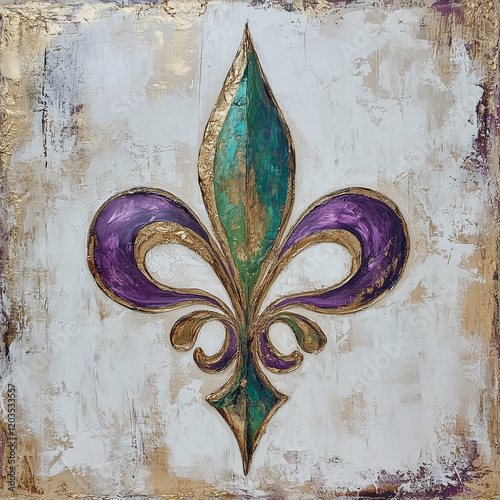 An abstract painting of a fleur-de-lis, with purple, green and gold colors, on a neutral background. Mardi Gras concept, fleur-de-lis in the shape of a mask. Copy space for text. Banner.