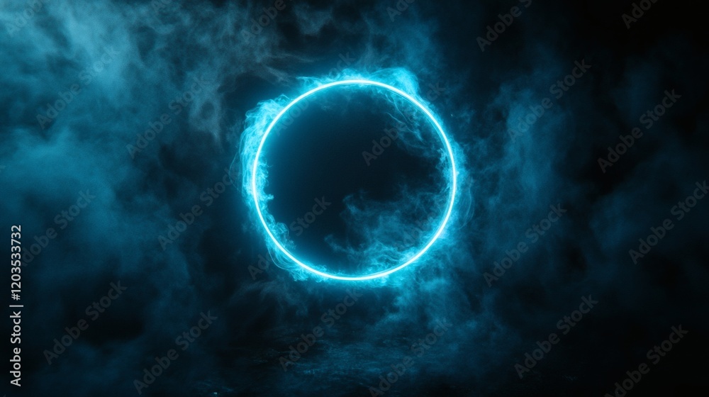 Dynamic neon cyan ring light pulsing energy enclosed by a laser glow and wispy smoke set against a black canvas ideal for futuristic and creative design concepts Dynamic neon cyan ring light pulsing energy enclosed by a laser glow and wispy smoke set against a black canvas ideal for futuristic and creative design concepts