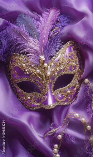 A Mardi Gras purple and gold masquerade mask with feather accents, resting on a lavender purple satin fabric background. It is adorned with pearls and sequins. Elegance concept. Mardi Gras.  photo