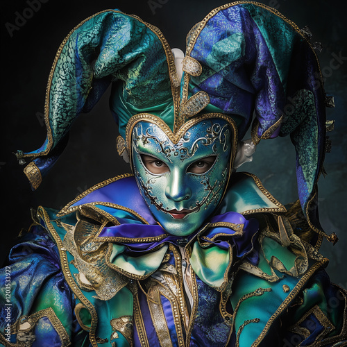 Full-length image of a man wearing a mask covering his face with an elegant jester costume in iridescent blue and green colors. Blue background. Mardi Gras, Carnaval. Copy space. 