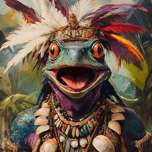 Purple-skinned, poisonous, grumpy rainforest shaman frog, has a feather headdress made of parrot feathers and wears necklaces made of shells and precious stones. Jungle hut background. Oil painting. photo