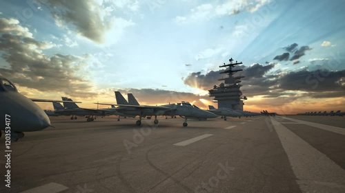 Navy Fighters Sit On The Flight Deck On An Aircraft Carrier, Sunset Time