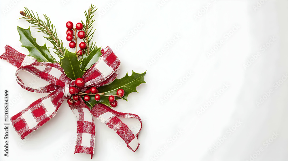 Festive red and white ribbon bow with holly and berries on white background; ideal for holiday cards or invitations Festive red and white ribbon bow with holly and berries on white background; ideal for holiday cards or invitations
