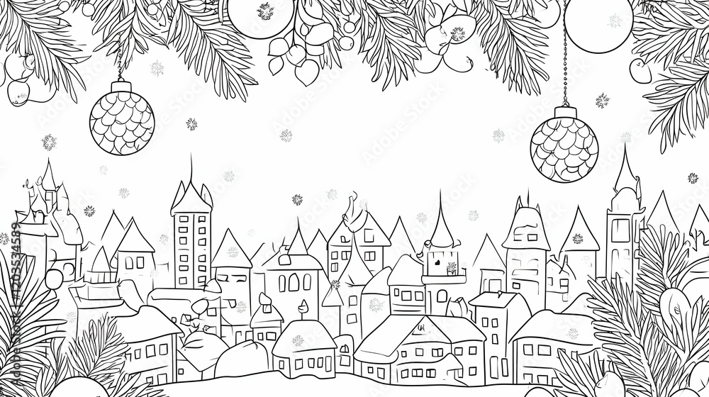 Obraz premium Festive winter cityscape; snow, ornaments, branches; holiday coloring page; design