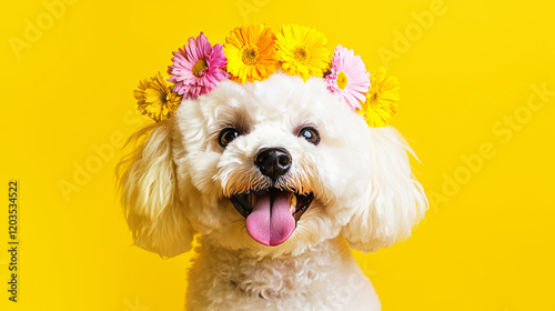 Portrait of a happy dog spring vibes. photo