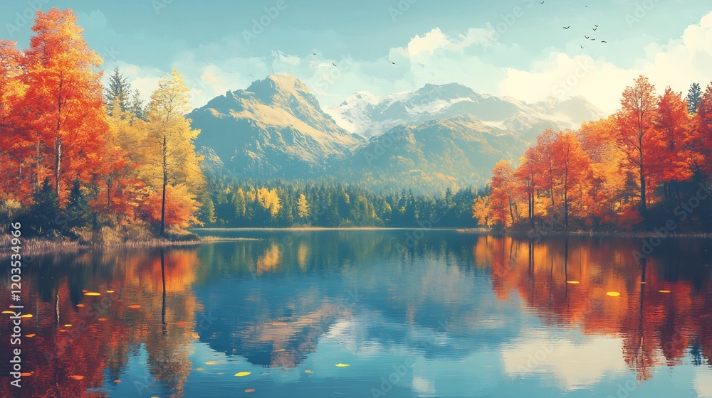 Fototapeta premium Serene autumn lake reflects vibrant fall foliage and majestic mountains under a soft sunlight. AI Generated