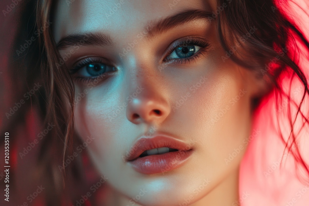 custom made wallpaper toronto digitalportrait of young beautyful woman on the phone looks in camera, Generative AI