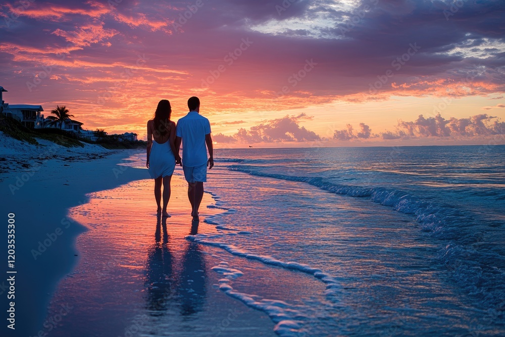 Fototapeta premium Couple walking on beach at sunset holding hands